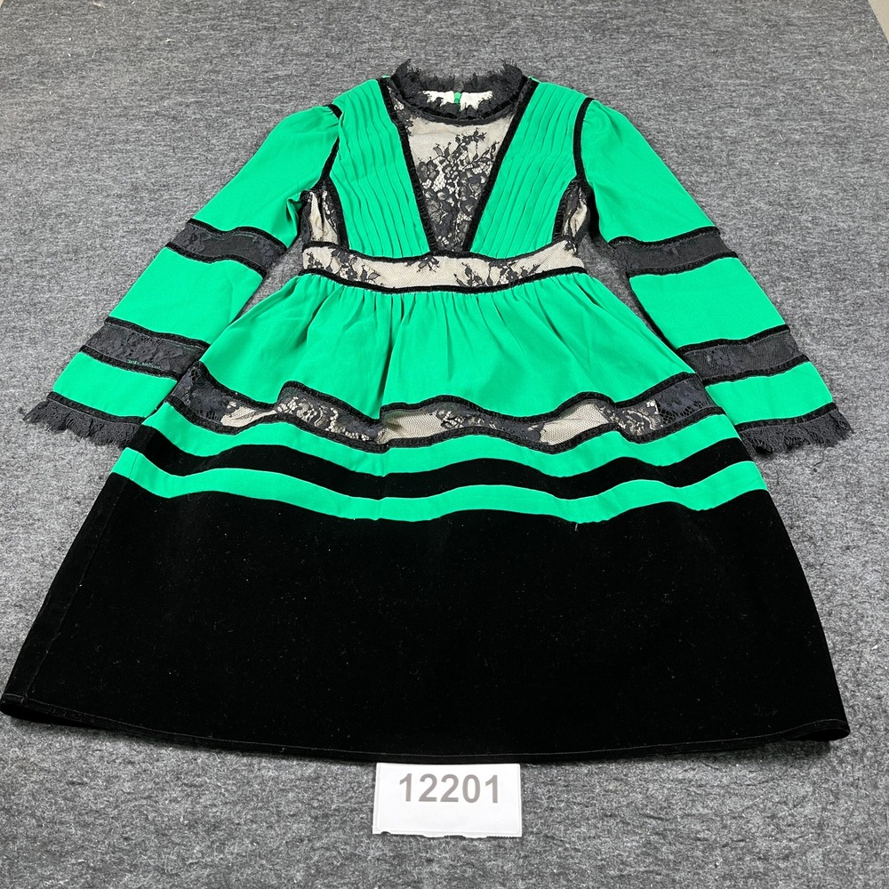 Womens Fit & Flare Dress Small Green Black Silk Lace Velvet Trim Pleated Front